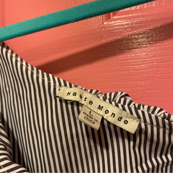 Haute Monde Blue Pinstripe One Shoulder Ruffle Top - Picture 4 of 7